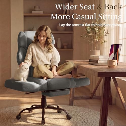 Office Chair with Flip Armrests,Comfy Criss Cross Chair for Pets Sitting,Big and Tall Office Chair with Foot Rest,Extra Wide Seat & Lumbar Pillow,Ergonomic Computer Gaming Chair,Teddy Fleece,Grey