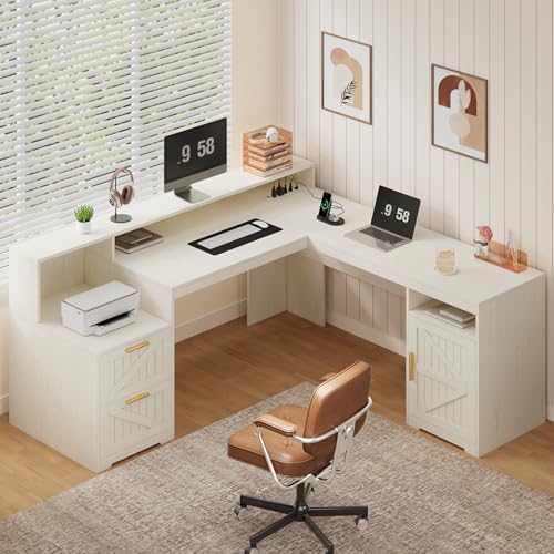 63" Farmhouse L Shaped Desk with Drawers & Printer Shelf for Home Office