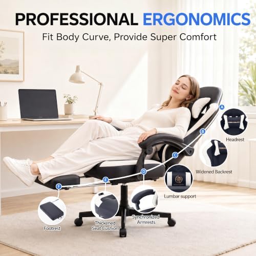 Desk Computer Gaming Chair - High Back Ergonomic Office Chair with Footrest and Lumbar Support, Swivel Comfy Home Gamer Video Game Chairs with Pocket Spring Cushion for Adults (White Leather)