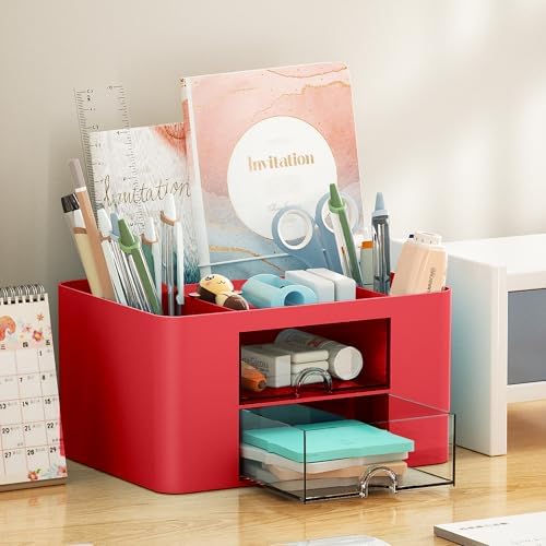 Marbrasse Pen Organizer with 2 Drawer, Multi-Functional Pencil Holder for Desk, Desk Organizers and Accessories with 5 Compartments + Drawer for Office Art Supplies (Red)