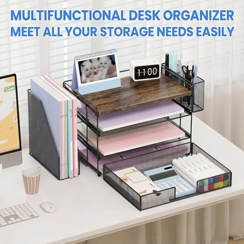 OPNICE Desk Organizers and Accessories, 4-Tier Desktop File Organizer with Drawer and Pen Holders, Office Desk Accessories Workspace Organizers for Office Supplies (Brown)