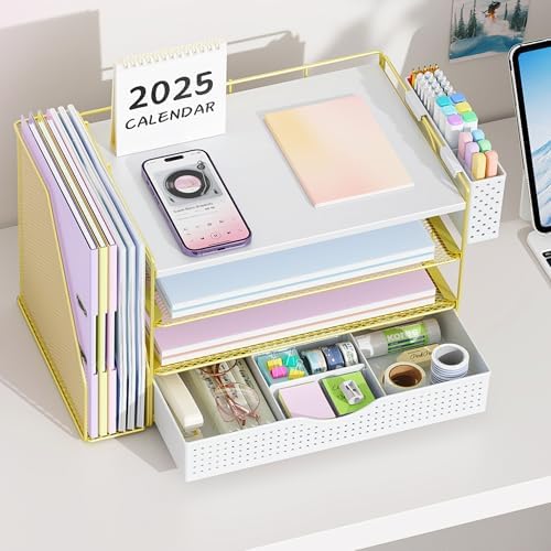 Wood Desk Organizers and Accessories with File Holder, 4-Tier Desk Accessories & Workspace Organizers with Drawer and Pen Holder, Desk Reference Organizer (Gold, 4T with Drawer)