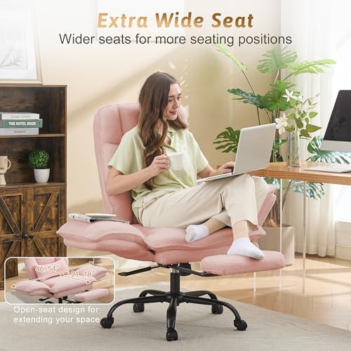 Wider Seat Office Chair with Flip Armrests for Criss Cross Legged&Cats, Big and Tall Executive Ergonomic Reclining Chair with Footrest&Lumbar Pillow, Teddy Fleece Desk Chair,Pink Vanity Chair