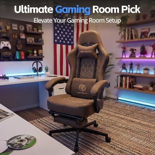 Desk Computer Gaming Chair - Ergonomic Game Office Chair with Extended Footrest and Massage Lumbar Support, Home Gamer Video Game Chairs with Spring Cushion for Adults (Pro Brown Leather)