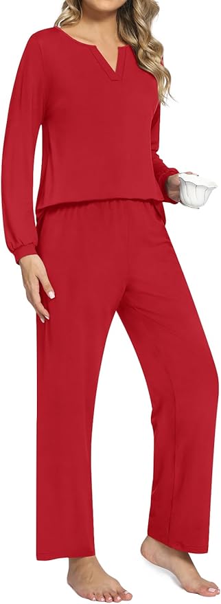 Anyally Women's Plus Size Pajama Sets Ladies Fall Pjs 2 Pieces Lounge Outfits V Neck Long Sleeves Sleepwear with Pockets