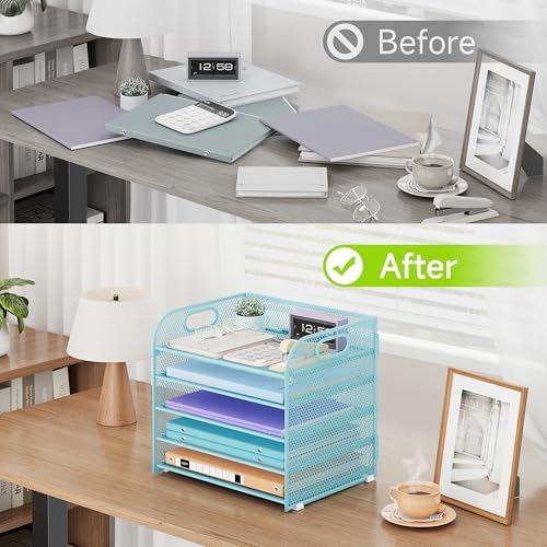 Cawukege 5 Tier Paper Organizer with Handle, Blue Metal Mesh Desk Organizer File Folder Paper Letter Tray Desktop Document Sorter for Classroom, School, Office Accessories Organization and Storage