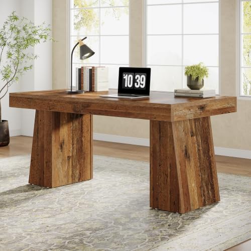 Tribesigns 55" Executive Desk, Wooden Office Desk with Double Pedestal, Modern Simple Computer Writing Table for Home Office, Mix Brown