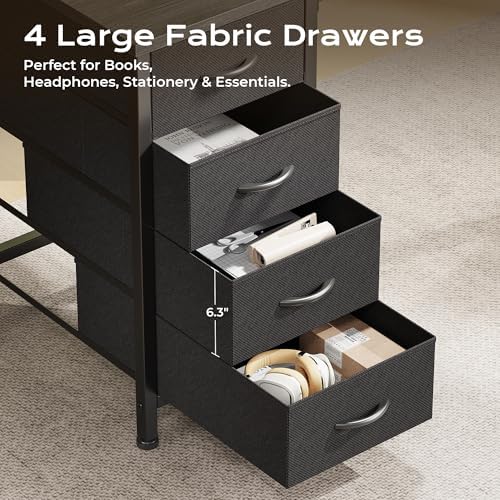 Huuger 55 Inch L Shaped Desk with Fabric Drawers, Reversible Computer Gaming Desk with Power Outlets and USB-C Port, Adjustable Side Storage Shelves, for Work Study Corner Home Office, Grey,1CD078H