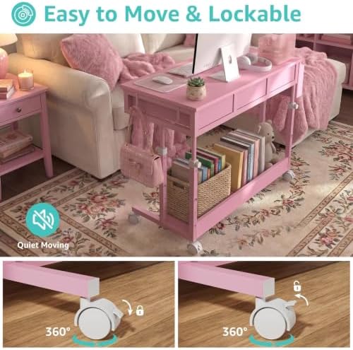 Pink Rolling Desk with Drawers, 40" Height Adjustable Girls Standing Desk