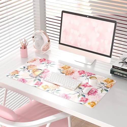 QiyI PU Leather Large Mouse Pad, Office Desk Mat, 31.5" x 15.7", Peonies