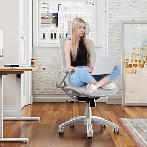 GABRYLLY Ergonomic Office Chair, High Back Home Desk Chair with Headrest, Flip-Up Arms, 90-120° Tilt Lock and Wide Cushion, 300LBS Mesh Chairs for Man Woman, White Task Chair(Grey,GY01WG)