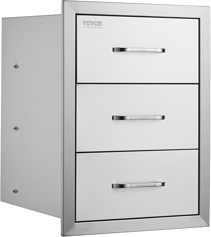 VEVOR Outdoor Kitchen Drawer 16" W x 21.5" H x 18" D, Outdoor Kitchen Cabinets, BBQ Drawer Stainless Steel, Flush Mount Triple Access, with Handle, BBQ Island, Outdoor Grill Patio Grill Station