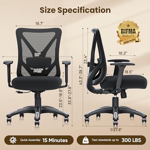 Ergonomic Office Chair, Mesh Computer Desk Chairs with BIFMA X5.1 Certified, Adjustable Lumbar Support, 3D Arm, Tilt Back, Wide Seat, Comfy Swivel Work Task Chair for Company and Home (Onyx Black)