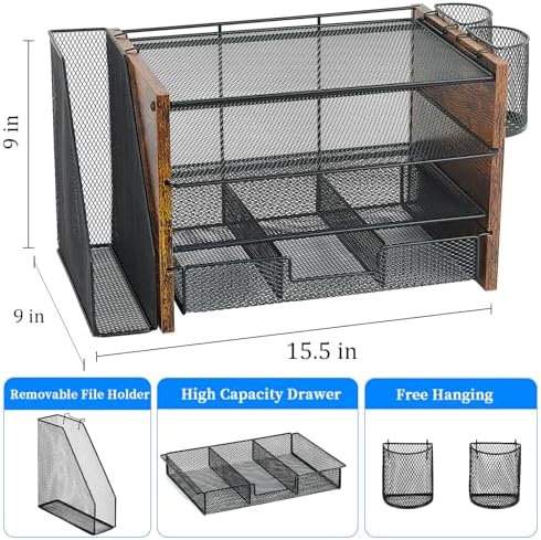 OPNICE Desk Organizer, 4-Tier Desktop File Organizer with Drawer and Pen Holders, Office Desk Accessories, File Sorters, Workspace Organizers for Office Supplies(Brown Wood)
