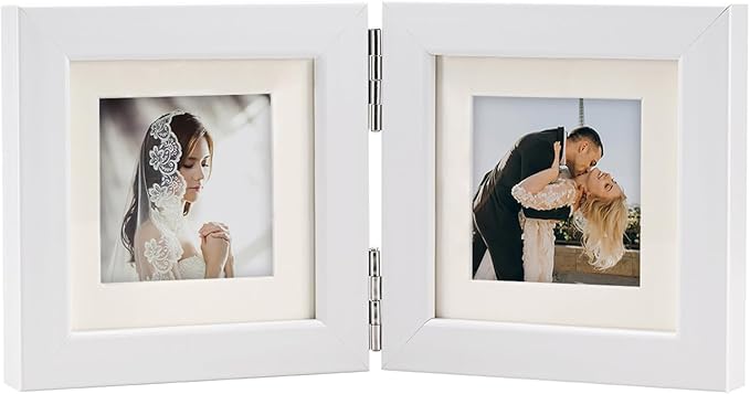 Double Hinged 4x4 Picture Frame with Real Glass-Tabletop or Wall Mounted, Display for 3x3 & 4x4 Photos (with/without Mat)-Matte White, For Family Photos & Wedding Memories-B44X2