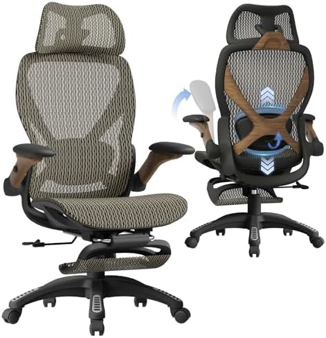 ELABEST X100 Ergonomic Mesh Office Chair with Footrest, Big and Tall Home Desk Chair with 5D Flip-Up Arms, Adjustable 3D Lumbar Support, Gaming & Executive Computer Chair (Coffee Break)