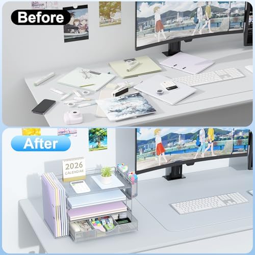 gianotter Desk Organizers and Accessories with File Holder, 4-Tier Desk Accessories & Workspace Organizers with Drawer and 2 Pen Holder, Paper Organizer for Office Supplies (Grey)