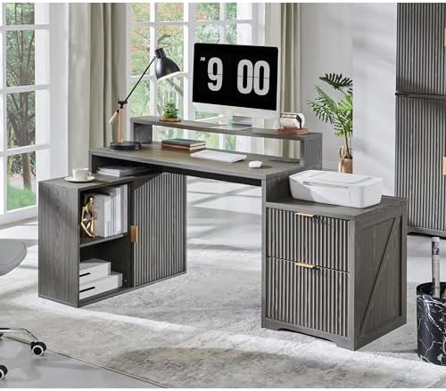 67"Modern Desk with Cabinet & 2 Drawers, Fluted Office Desk Built‑in Outlet