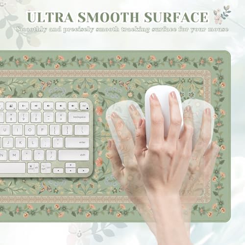 iCasso Aesthetic Flower Mouse Pad,23.6x13.7in Desk Pad, Light Green