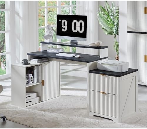 67"Fluted Desk with Cabinet & 2 Drawers, Modern Office Desk Built‑in Outlet