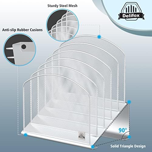 Delifox Inclined Desk File Organizer,Vertical File Folder Holder Stand Metal Rack File Sorter for Office Classroom Desktop Organization (2, White, 5)
