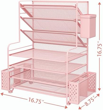 Simple Trending 7 Tier Desk File Organizer, Letter Tray Paper Organizer with Pen Holder and Metal Hanging Basket, Pink