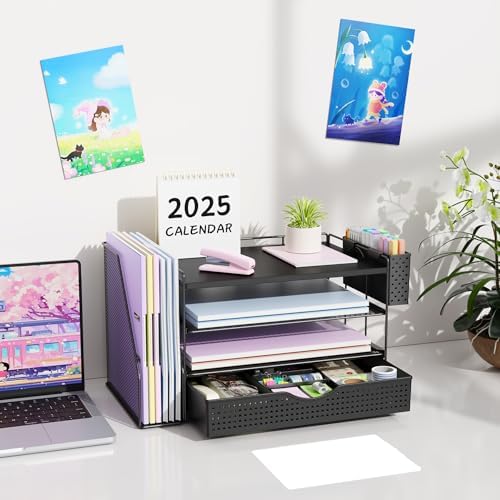 Wood Desk Organizers and Accessories with File Holder, 4-Tier Desk Accessories & Workspace Organizers with Drawer and Pen Holder, Desk Reference Organizer (Black, 4T with Drawer)