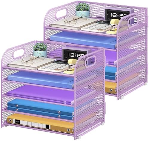 Cawukege 2 Pack 5 Tier Paper Organizer, Letter Tray with Handle, Mesh Desk Organizer, Metal File Organizer, Office Desk Accessories for Home, Office, Classroom, School -Purple