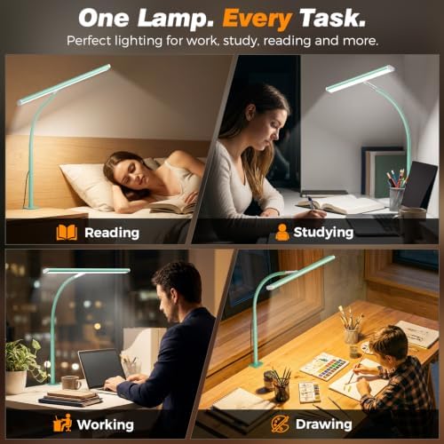 Airlonv LED Desk Lamp with Clamp, 17" Stepless Dimming Light, Mint Green