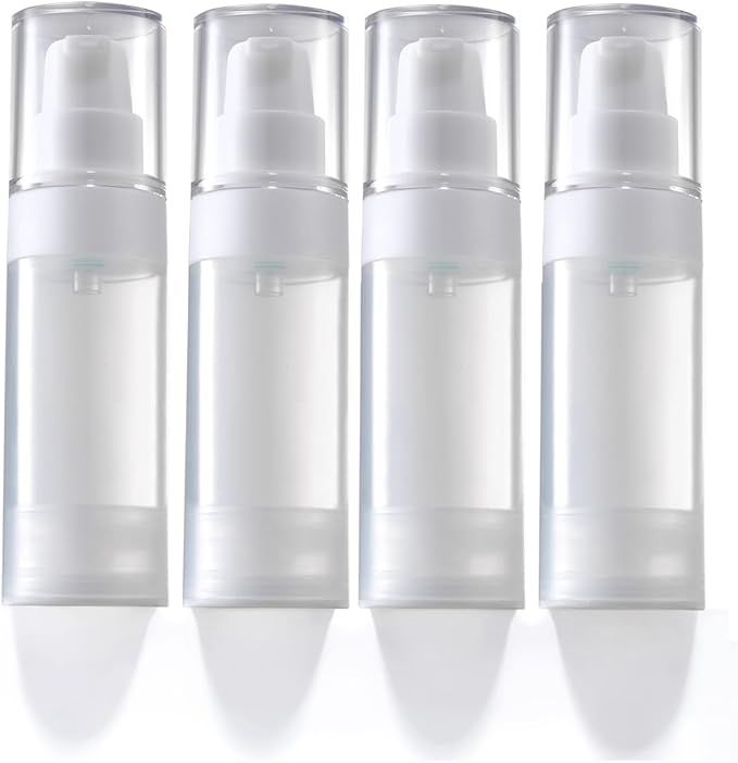 4pack mini Travel Size Pump Bottle Dispenser,Transparent Empty Lotion Bottles with,with Labe lslotion Travel Container 1.0/oz 30ml Small airless Pump jar,TSA Approved Size