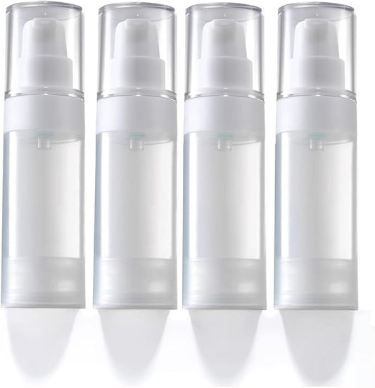 4pack mini Travel Size Pump Bottle Dispenser,Transparent Empty Lotion Bottles with,with Labe lslotion Travel Container 1.0/oz 30ml Small airless Pump jar,TSA Approved Size