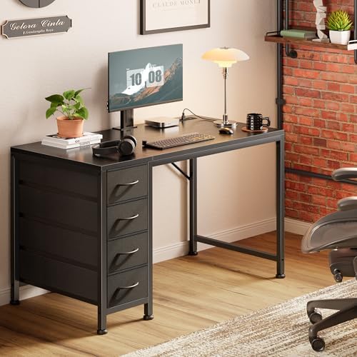 PRAISUN 39.4 Inch Computer Office Desk with Power Outelts and USB-C Port, Reversible Gaming Desk with 4 Fabric Drawers, Work Study Desk Work from Home, Black