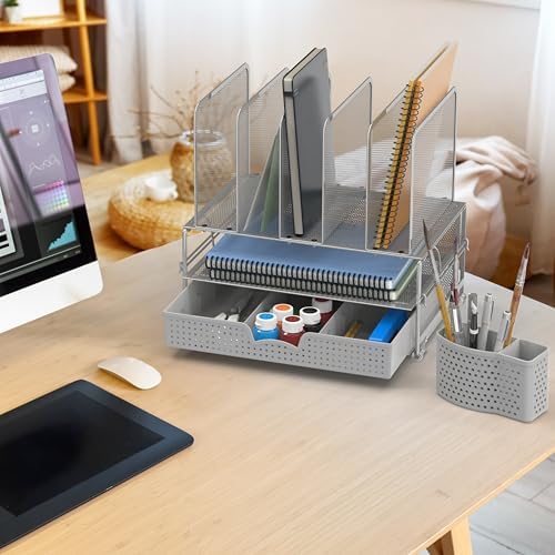 Simple Houseware Desk File Organizer for Office Supplies w/Drawer, Silver