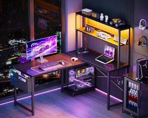 ODK 43" L Shaped Gaming Desk with Shelves, LED & Outlets, Black