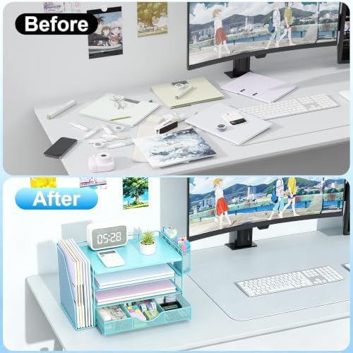 gianotter Wood Desk Organizers and Accessories with File Holder, 4-Tier Desk Accessories & Workspace Organizers with Drawer and 2 Pen Holder, Desk Reference Organizer (Blue, 4T with Metal Drawer)
