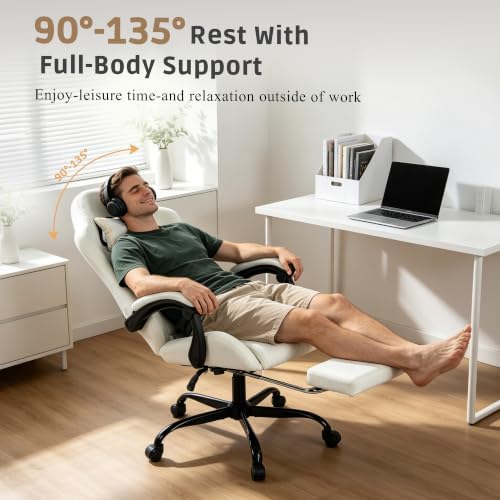 Fabric Gaming Chair for Adults, Ergonomic Computer Office Desk Chair with Footrest,Pocket Spring Cushion, Reclining High Back Silla Gamer for Home Office, White