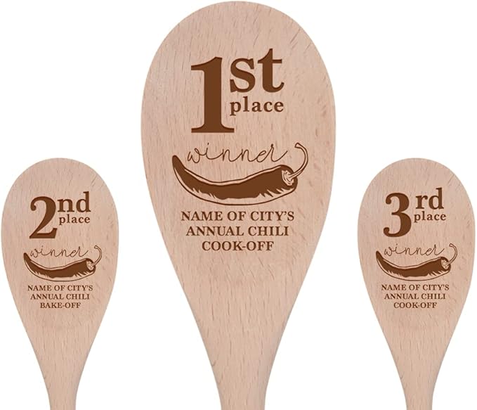 1st, 2nd and 3rd Place Winner-14 Inch Kitchen Spoons Set of 3, Personalized Custom Engraved in USA, Wooden Cooking Utensils, Chili Cook Off Showcase Party Prizes Contest Favor (Chili)