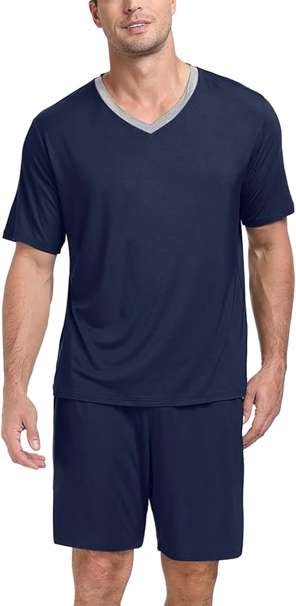 PrinStory Men's Pajama Set Sleepwear Pjs Lightweight Quick Dry Short Sleeve V-Neck Shirts and Shorts Soft Comfy Sleep Sets