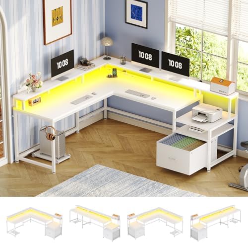 SEDETA 66" Reversible L Shaped Computer Desk with Power Outlet, File Drawer