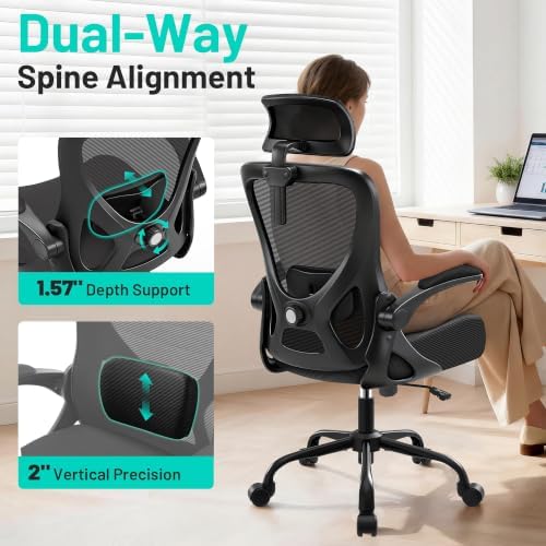 AreShark Office Chair - Ergonomic Desk Chair Breathable Mesh Chair with 2D Headrest & Adjustable Lumbar Support - Executive High Back Rolling Swivel Computer Gaming Chair with Wheels Flip-up Armrests