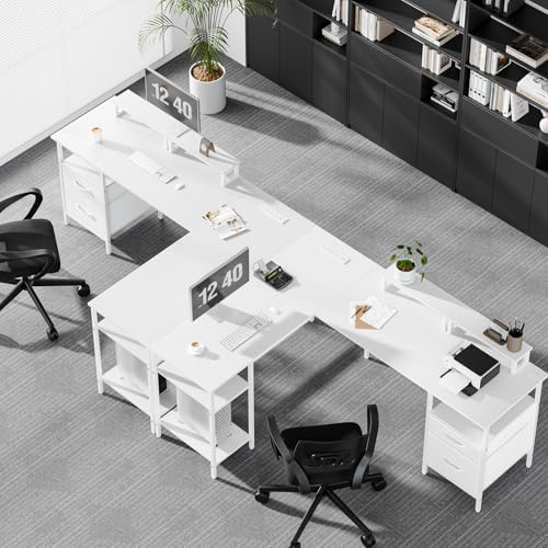 DUMOS 62” L Shaped Desk with Drawers and Power Outlet, White