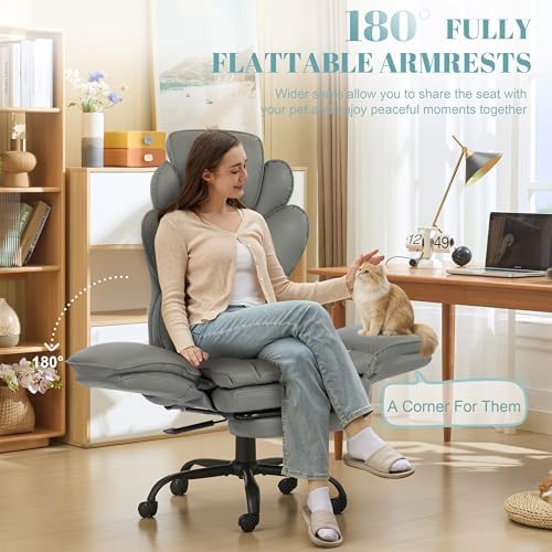 Flip Armrests Criss Cross Office Chair, Reclining Office Chair with Foot Rest, Adjustable Headrest, Massage Waist Pillow, Cross Legged Big and Tall Desk Chair Wide Seat Vanity Chair, Grey PU Leather