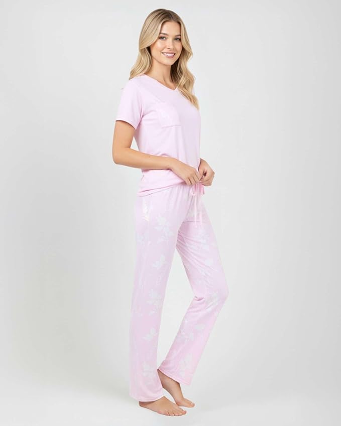Real Essentials 2 Pack: Women's Comfy Pajama Sets - Short & Long Sleeve Ladies Loungewear Sleepwear PJs (Available In Plus)