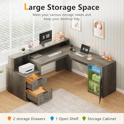 63" Farmhouse L Shaped Desk with Drawers & Printer Shelf for Home Office