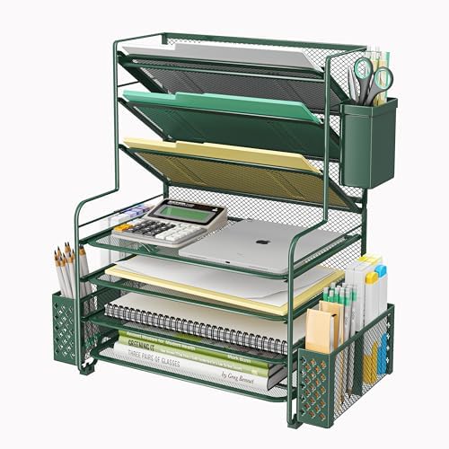 Simple Trending 7 Tier Desk File Organizer, Letter Tray Paper Organizer with Pen Holder and Metal Hanging Basket, Green