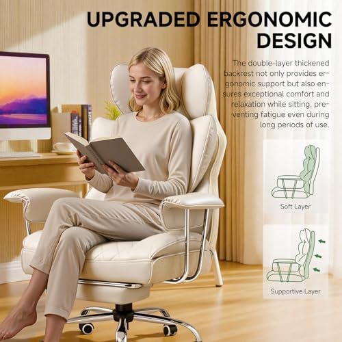 COMHOMA Big and Tall Office Chair, High Back Leather Gaming Chair with Footrest, Executive Ergonomic Office Chairs with Pocket Spring Lumbar Support and with Outward Fixed Soft Armrests