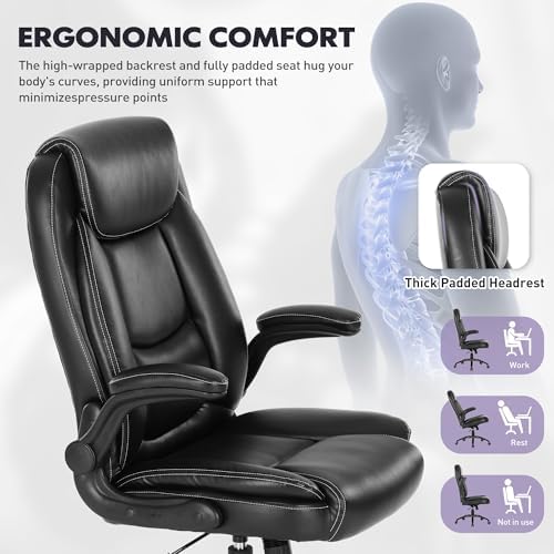 300lbs Capacity Executive Desk Chair Set of 2 with Ergonomic Lumbar Support, Flip-up Arms & High Back Leather Computer Chair for Home/Office, Black