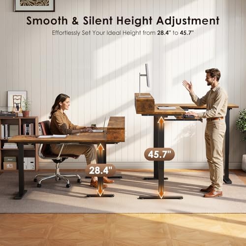 OffiGo 59 Inch L Shaped Electric Standing Desk with Drawers, Rustic Brown