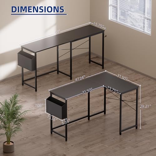 Pamray 47 Inch Reversible L Shaped Gaming Desk Corner Computer Desk with Storage Bag Home Office Table for Writing Study Black