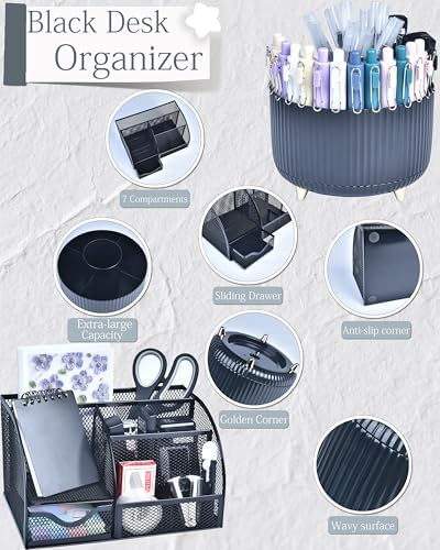 Black Desk Accessories and Organizers with Desk Organizer and 360°Rotating Pen Holder stapler Pen and a Lot of Office Black Office Supplies Beautifully Presented in a Gift Box